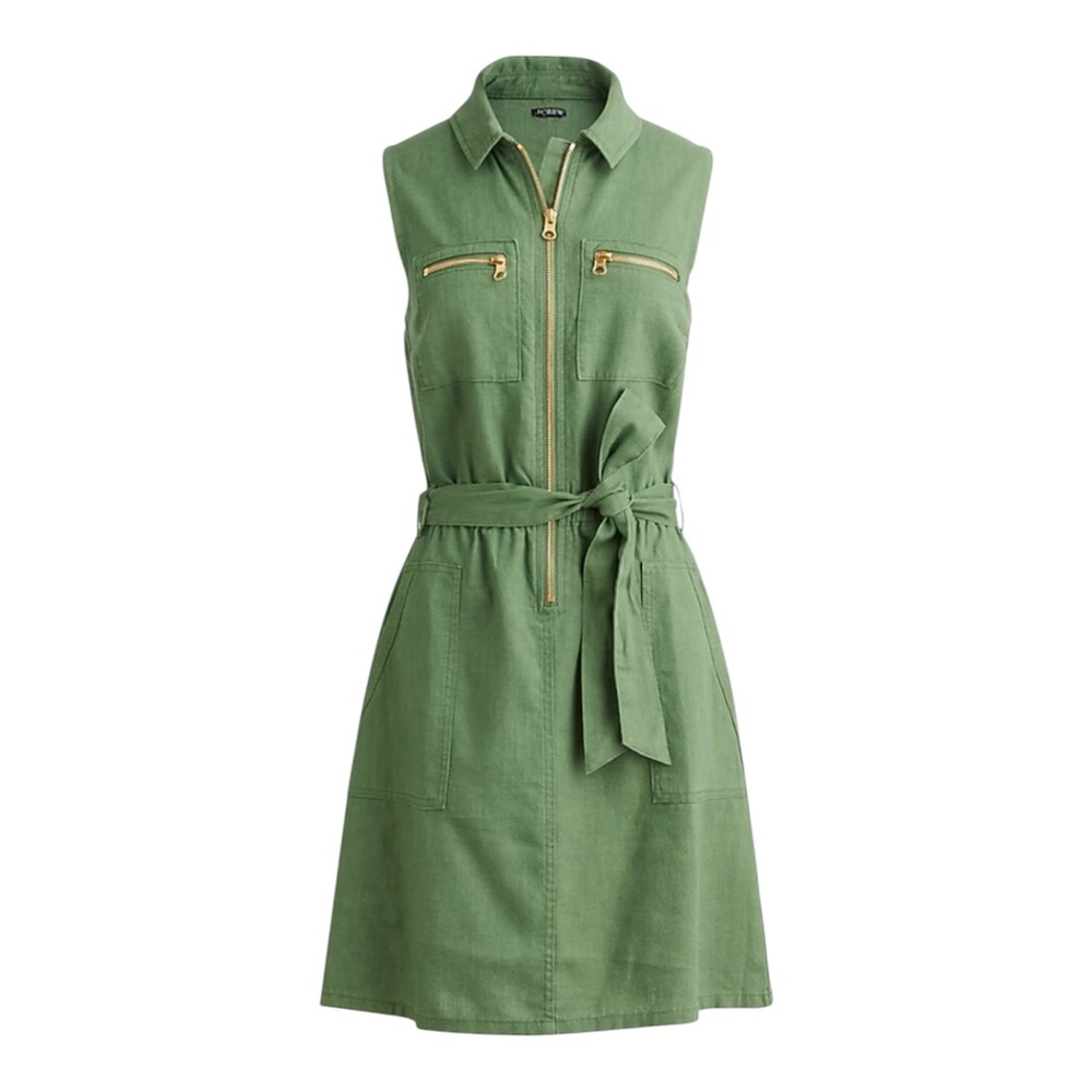 J. Crew Utility Linen Blend Zip Front Dress With Belted Waist